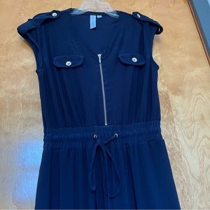 Navy blue utility jumpsuit with gold embellishments